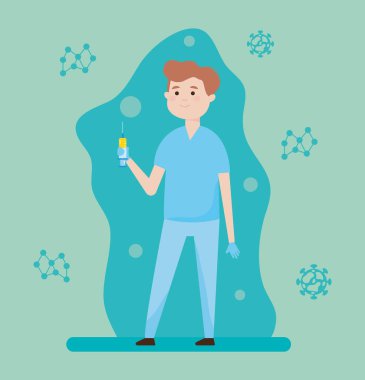 Karikatür bilimcisinin elinde şırınga tuttuğu aşı tasarımı.