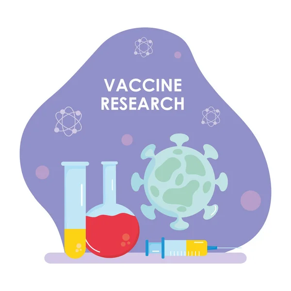 化学フラスコ、試験管、ウイルスアイコンを用いたワクチン研究デザイン — ストックベクタ