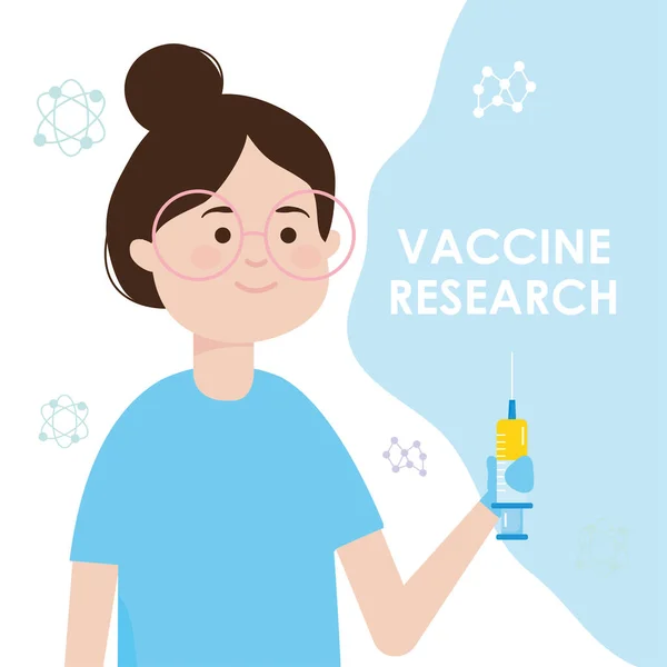 Projekt badań nad szczepionką z udziałem kobiety trzymającej strzykawkę — Wektor stockowy