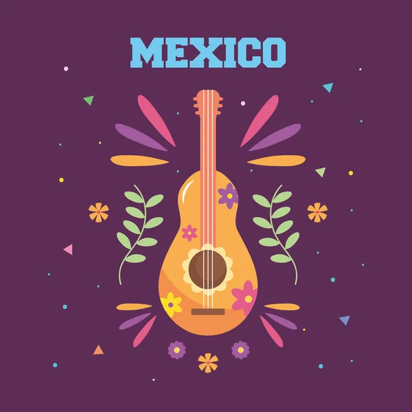 Mexikos Unabhängigkeitstag mit mexikanischer Gitarre und schönen Blumen — Stockvektor