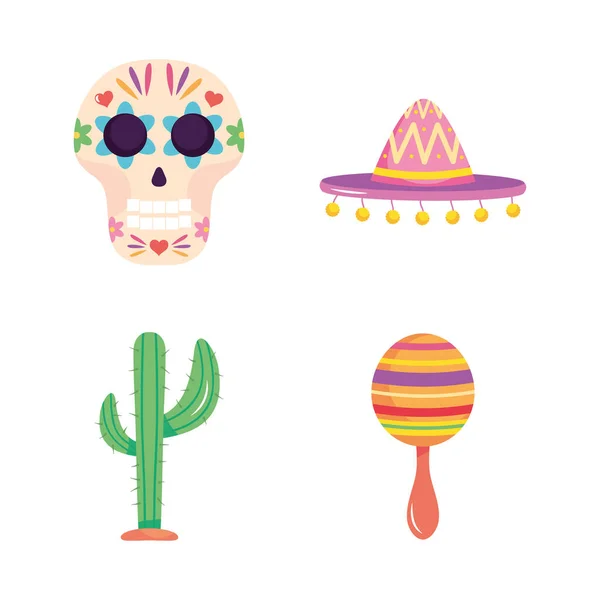 Набор сахарных черепов и мексиканских икон — стоковый вектор