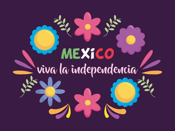 Mexikos Unabhängigkeitstag mit dekorativen Blumen und Blättern — Stockvektor