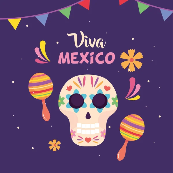 Mexikos Unabhängigkeitstag mit Zuckerschädel und Maracas — Stockvektor