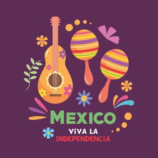 Design de fête de l'indépendance du Mexique avec guitare mexicaine et maracas — Image vectorielle