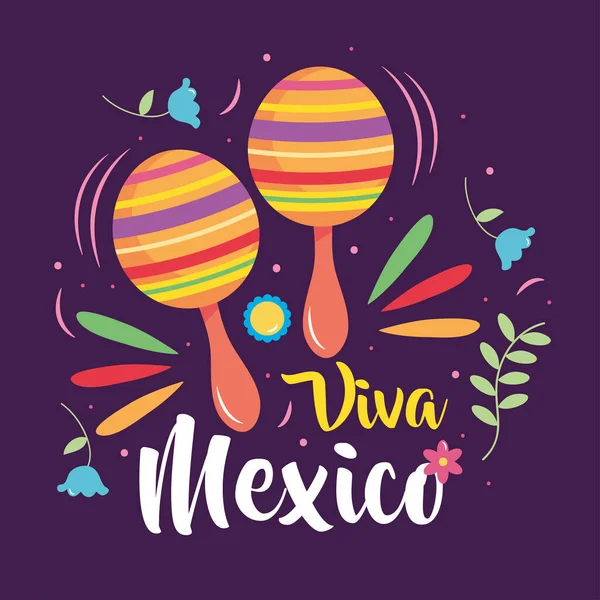 Mexikos Unabhängigkeitstag mit Maracas und dekorativen Blumen — Stockvektor