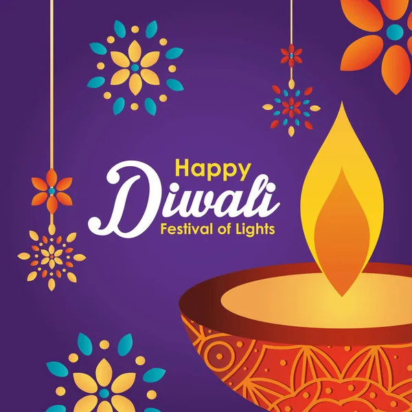 Happy diwali ontwerp met diya olielamp en decoratieve bloemen rond — Stockvector