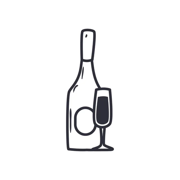 Botella de champán y taza línea estilo icono vector diseño — Vector de stock