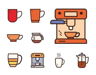 kahve çizgisi ve doldurma tarzı set vektör tasarımı