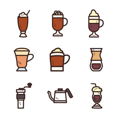 kahve satırı ve biçim simgeleri koleksiyon vektör tasarımı