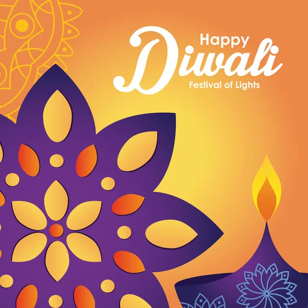 Diwali festival design met kleurrijke rangoli en diya over oranje achtergrond — Stockvector