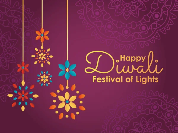 Happy diwali σχεδιασμός με διακοσμητικά rangolis κρέμονται, πολύχρωμο σχεδιασμό — Διανυσματικό Αρχείο