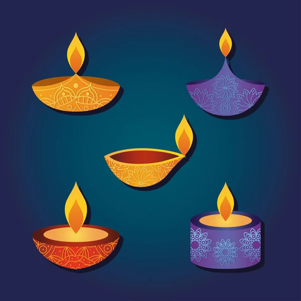 Diwala ensemble d'icônes diyas, design coloré — Image vectorielle