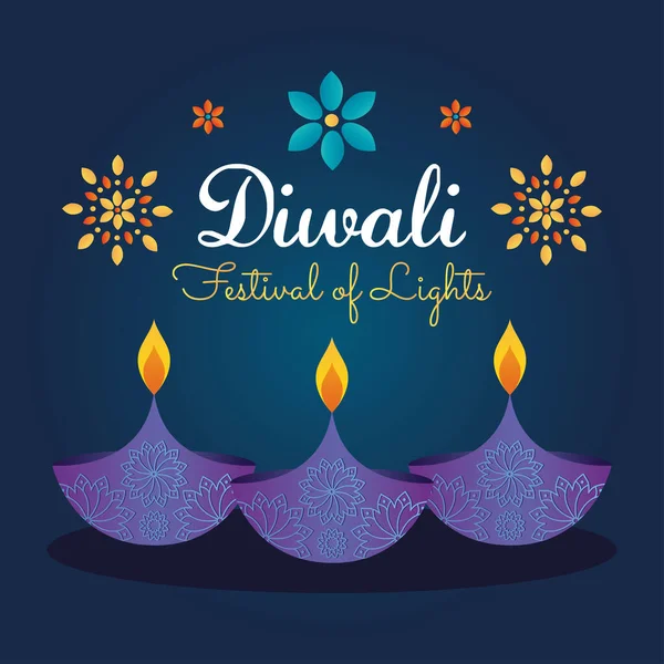 Design festival diwali com lâmpadas diyas e flores — Vetor de Stock