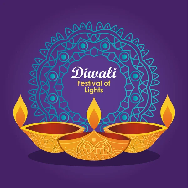 Design de festival de diwali com mandala decorativa e lâmpadas diya — Vetor de Stock