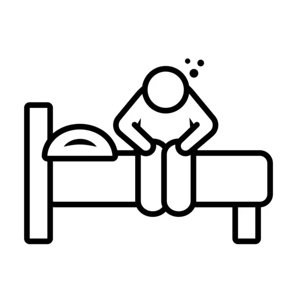 Diseño de insomnio, hombre somnoliento sentado en su icono de la cama, estilo de línea — Archivo Imágenes Vectoriales