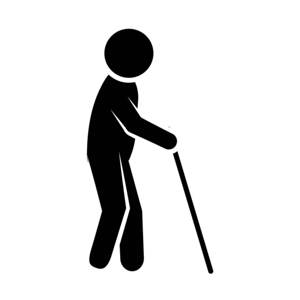 Concepto de discapacidades, hombre viejo pictograma caminando con un bastón, estilo silueta — Vector de stock
