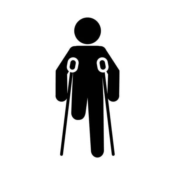 One legged disabled man with crutches, silhouette style — Stock Vector