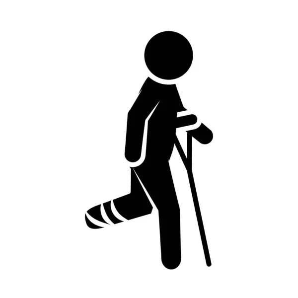 Piktogramm Mann mit Bein mit Binden mit Krücke, Silhouettenstil — Stockvektor