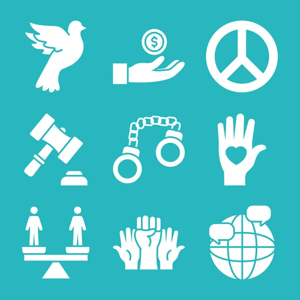 Conjunto de iconos de la esfera global y los derechos humanos, estilo silueta — Vector de stock