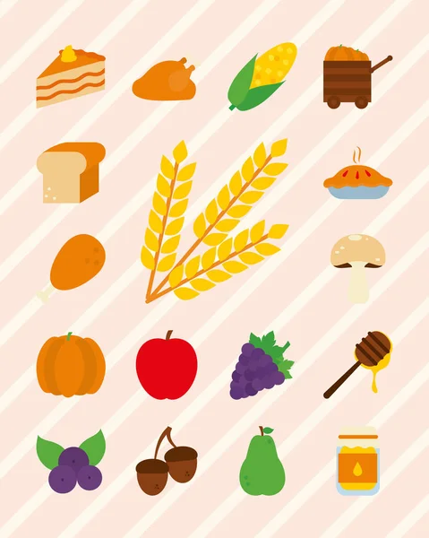 Wheat and thanksgiving icon set, flat style — Stock Vector