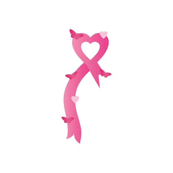 Καρδιά κορδέλα καρκίνου του μαστού με πεταλούδες, επίπεδη στυλ — Διανυσματικό Αρχείο