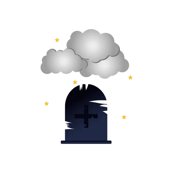 Halloween grave e cinza nuvens, estilo plano — Vetor de Stock