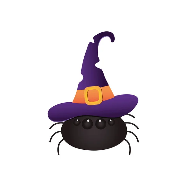 Araña de halloween con sombrero de bruja, estilo plano — Vector de stock