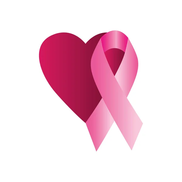 Heart and breast cancer ribbon icon, flat style — Stock Vector