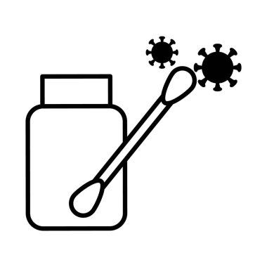 Coronavirus test şişesi ve pamuk çubuğu, sıra tarzı.