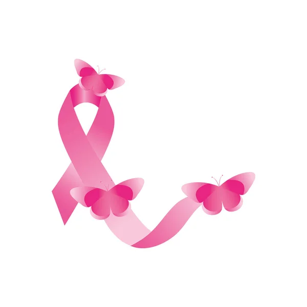 Cinta de cáncer de mama con mariposas, de estilo plano — Vector de stock