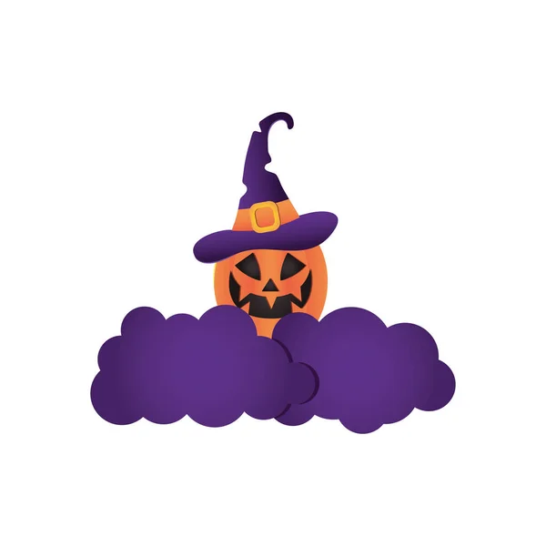Calabaza de Halloween con bruja en las nubes púrpuras, diseño colorido — Vector de stock