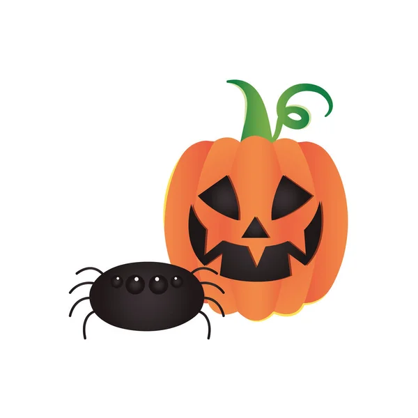 Kreskówka halloween dynia i ikona pająka, płaski styl — Wektor stockowy