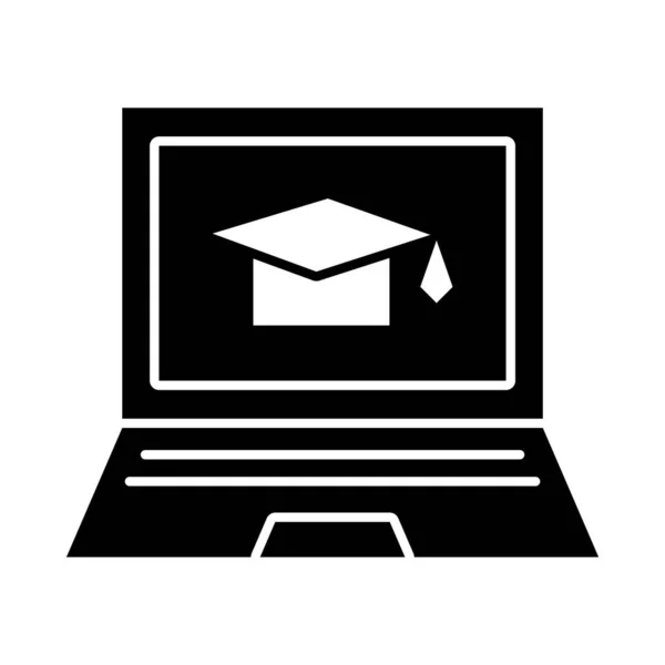 卒業キャップアイコン、シルエットスタイルのラップトップコンピュータ — ストックベクタ
