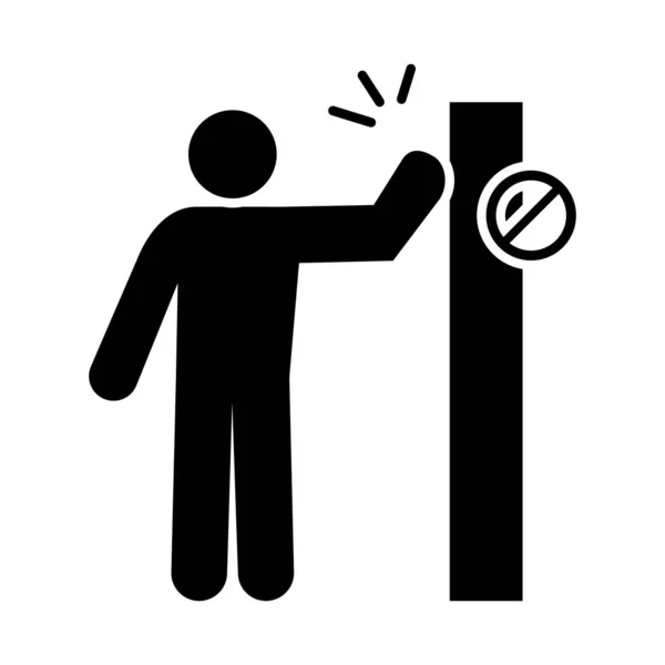 Pictogramme homme touchant le mur avec signe interdit, style silhouette — Image vectorielle