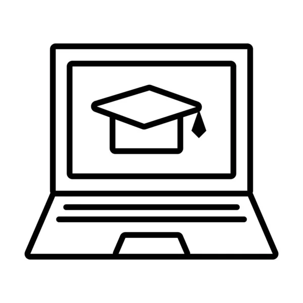 Laptop computer met graduatie cap icoon, lijn stijl — Stockvector