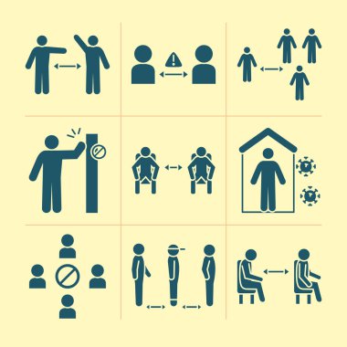 pictogram insanları ve sosyal uzaklık simgesi seti, sarı stil