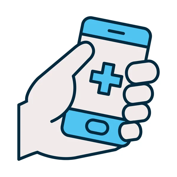 Kéz gazdaság egy okostelefon orvosi alkalmazás, vonal és töltse stílus — Stock Vector