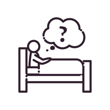 Kabarcık çizgisi biçim vektör tasarımı ile soru işareti ile yatakta uyuyan adam