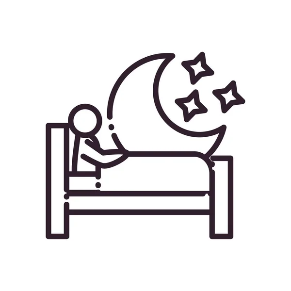 ผู้ชายนอนบนเตียงต่อหน้าการออกแบบเวกเตอร์ไอคอนสไตล์เส้นดวงจันทร์ — ภาพเวกเตอร์สต็อก