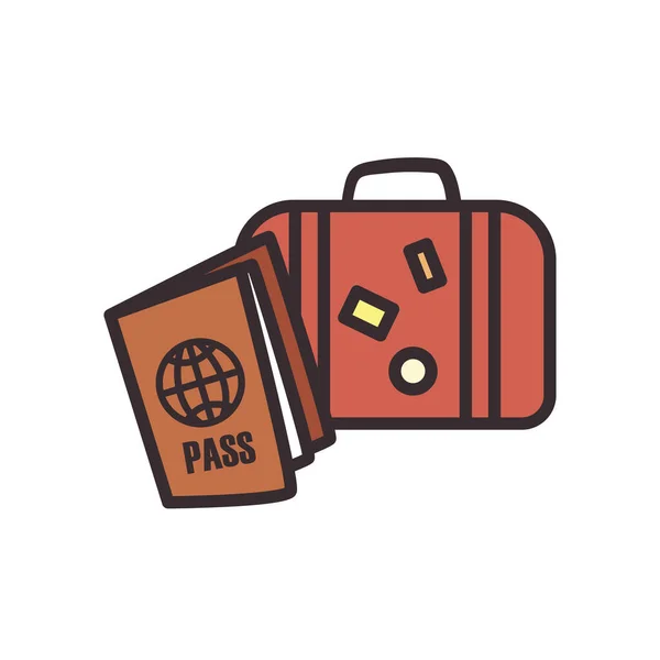 Línea de bolsa y pasaporte y diseño de vectores icono de estilo de relleno — Vector de stock