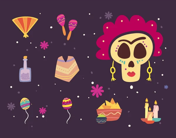 Día mexicano de muertos estilo de forma libre conjunto de iconos diseño vectorial — Archivo Imágenes Vectoriales