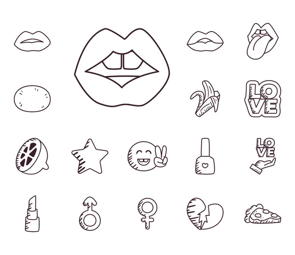 Pop art línea estilo conjunto de iconos de diseño de vectores — Vector de stock
