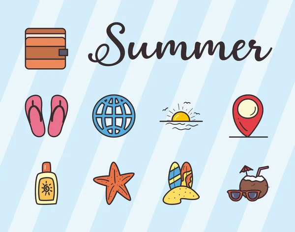 Summer line und fill style set icons vektordesign — Stockvektor