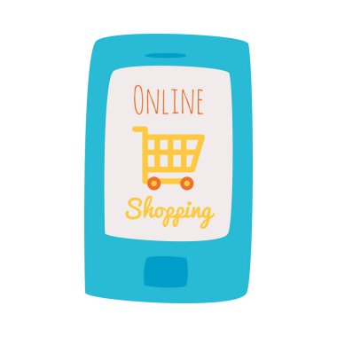 akıllı telefon online alışveriş harfleri tasarım ve alışveriş arabası simgesi, düz stil