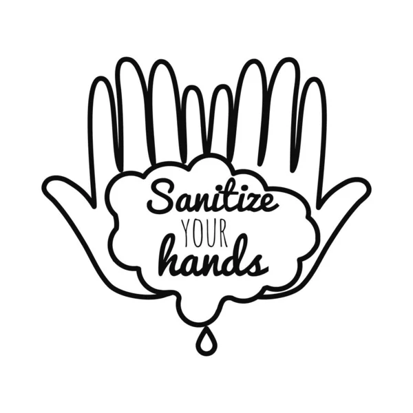 Руки с мыльной водой с дезинфицировать руки буквы дизайн, стиль линии — стоковый вектор