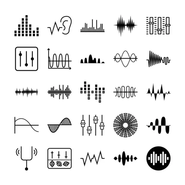 Tunning garfo e ondas sonoras conjunto de ícones, ilustração vetorial — Vetor de Stock