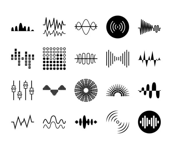 Symbolsatz von Schallwellen und Equalizer, Vektorillustration — Stockvektor