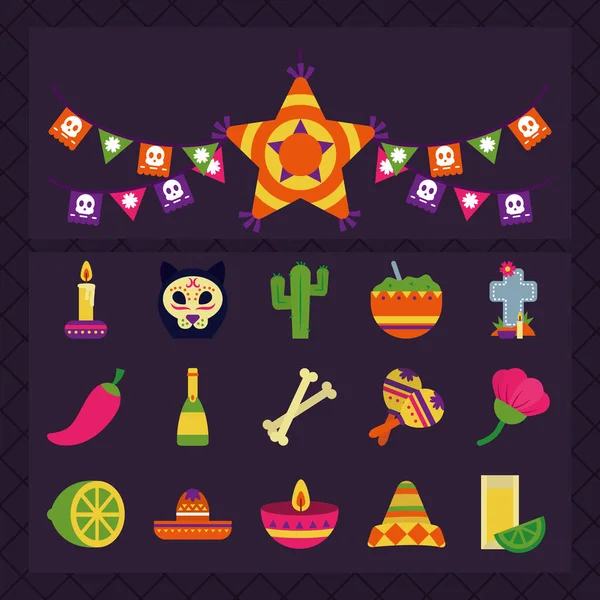 Banderines decorativos y día mexicano de conjunto de iconos muertos, estilo plano — Archivo Imágenes Vectoriales