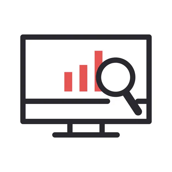 Gráfico de barras no computador e linha de lupe e design de vetor de ícone de estilo de preenchimento — Vetor de Stock