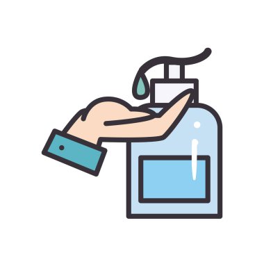 Bırakma çizgisi olan el ve dezenfektan şişesi ve biçim ikon vektör tasarımı